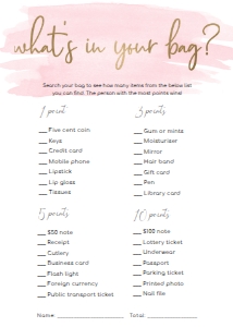WAT-PNK-10-B584 - WATERCOLOUR PINK - GOLD - WHAT'S IN YOUR BAG GAME - 5" x 7": WAT-PNK-10-B598 - WATERCOLOUR PINK - GOLD - BABY SHOWER GAME BUNDLE