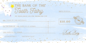 WAT-BLG-14-B3551 - WATERCOLOUR BLUE GOLD - TOOTH FAIRY CHEQUE - 4" x 8": WAT-BLG-14-B3551 - WATERCOLOUR BLUE GOLD - TOOTH FAIRY CHEQUE