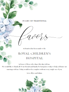 FER-BLU-7-B1307 - FERRAS BLOSSOM - BLUE - IN LIEU OF FAVOURS SIGN - 18" x 24": FER-BLU-7-B1307 - FERRAS BLOSSOM - BLUE - IN LIEU OF FAVOURS SIGN