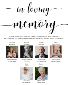 LEY-WHT-7-B1973 - LEYTON SCRIPT - WHITE - IN LOVING MEMORY PHOTO SIGN - PORTRAIT - 6 PHOTOS - 8" x 10": LEY-WHT-7-B1973 - LEYTON SCRIPT - WHITE - IN LOVING MEMORY PHOTO SIGN