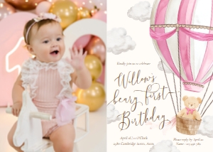 BER-PNK-1-B3561 - BEARLY WAIT - PINK - FIRST BIRTHDAY PHOTO INVITATION - 5" x 7": BER-PNK-1-B3561 - BEARLY WAIT - PINK - FIRST BIRTHDAY PHOTO INVITATION