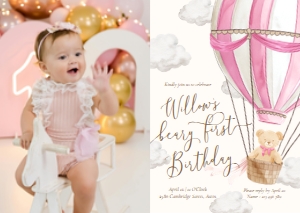 BER-PNK-1-B3561 - BEARLY WAIT - PINK - FIRST BIRTHDAY PHOTO INVITATION - A6: BER-PNK-1-B3561 - BEARLY WAIT - PINK - FIRST BIRTHDAY PHOTO INVITATION