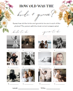 MEW-WHT-10-B2261 - MEWS FLORAL - WHITE - HOW OLD WAS THE BRIDE AND GROOM PHOTO GAME - 16" x 20": MEW-WHT-10-B2261 - MEWS FLORAL - WHITE - HOW OLD WAS THE BRIDE AND GROOM PHOTO GAME