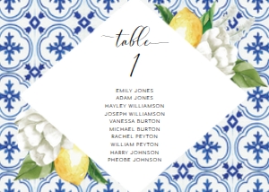 MED-BLU-9-B531 - THE MED - LEMONS - TABLE NUMBERS WITH GUEST NAMES - LANDSCAPE - 5" x 7": MED-BLU-9-B531 - THE MED - LEMONS - TABLE NUMBERS