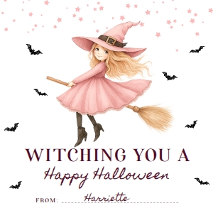 HAL-PNK-6-B3668 - HALLOWEEN - PINK - WITCHING TAG - 2" x 2": HAL-PNK-6-B3668 - HALLOWEEN - PINK - WITCHING TAG