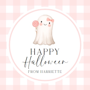GIN-PNK-6-B3670 - GINGHAM - PINK - HALLOWEEN GHOST TAG  - CIRCLE - 2" x 2": GIN-PNK-6-B3670 - GINGHAM - PINK - HALLOWEEN GHOST TAG