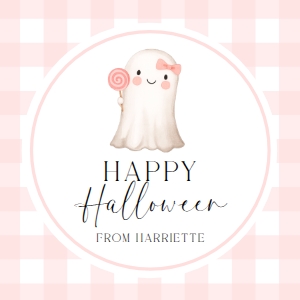 GIN-PNK-6-B3670 - GINGHAM - PINK - HALLOWEEN GHOST TAG - CIRCLE - 2.5" x 2.5": GIN-PNK-6-B3670 - GINGHAM - PINK - HALLOWEEN GHOST TAG