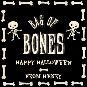 HAL-BLK-6-B3693 - HALLOWEEN - BLACK - BAG-O-BONES TAG - 2" x 2": HAL-BLK-6-B3693 - HALLOWEEN - BLACK - BAG-O-BONES TAG