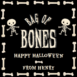 HAL-BLK-6-B3693 - HALLOWEEN - BLACK - BAG-O-BONES TAG - 2.5" x 2.5": HAL-BLK-6-B3693 - HALLOWEEN - BLACK - BAG-O-BONES TAG