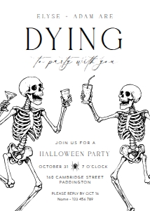 HAL-WHT-1-B3695 - HALLOWEEN - WHITE - DYING TO PARTY INVITATION - 5" x 7": HAL-WHT-1-B3695 - HALLOWEEN - WHITE - DYING TO PARTY INVITATION