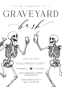 HAL-BLK-1-B3698 - HALLOWEEN - WHITE - GRAVEYARD BASH INVITATION - 5" x 7": HAL-BLK-1-B3698 - HALLOWEEN - WHITE - GRAVEYARD BASH INVITATION