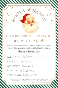 SAW-GRE-24-B3720 - SANTAS WORKSHOP - GREEN - LETTER TO SANTA RECEIPT - 4" x 6": SAW-GRE-24-B3720 - SANTAS WORKSHOP - GREEN - LETTER TO SANTA RECEIPT