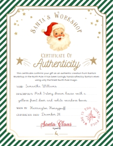 SAW-GRE-24-B3723 - SANTAS WORKSHOP - GREEN - TOY FACTORY CERTIFICATE - 8.5" x 11": SAW-GRE-24-B3723 - SANTAS WORKSHOP - GREEN - TOY FACTORY CERTIFICATE