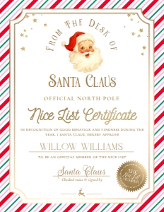 SAW-PMT-24-B3726 - STRIPE - PINK MULTI - SANTA NICE LIST CERTIFICATE - 8.5" x 11": SAW-PMT-24-B3726 - STRIPE - PINK MULTI - SANTA NICE LIST CERTIFICATE
