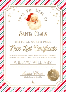 SAW-PMT-24-B3726 - STRIPE - PINK MULTI - SANTA NICE LIST CERTIFICATE - 5" x 7": SAW-PMT-24-B3726 - STRIPE - PINK MULTI - SANTA NICE LIST CERTIFICATE