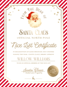 SAW-RED-24-B3726 - STRIPE - RED - SANTA NICE LIST CERTIFICATE - 8.5" x 11": SAW-RED-24-B3726 - STRIPE - RED - SANTA NICE LIST CERTIFICATE