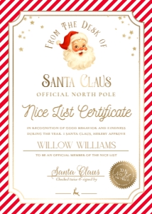 SAW-RED-24-B3726 - STRIPE - RED - SANTA NICE LIST CERTIFICATE - 5" x 7": SAW-RED-24-B3726 - STRIPE - RED - SANTA NICE LIST CERTIFICATE