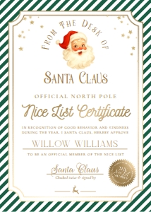 SAW-GRE-24-B3726 - STRIPE - GREEN - SANTA NICE LIST CERTIFICATE - 5" x 7": SAW-GRE-24-B3726 - STRIPE - GREEN - SANTA NICE LIST CERTIFICATE
