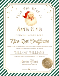 SAW-GRE-24-B3726 - STRIPE - GREEN - SANTA NICE LIST CERTIFICATE - 8.5" x 11": SAW-GRE-24-B3726 - STRIPE - GREEN - SANTA NICE LIST CERTIFICATE