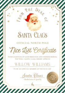 SAW-GRE-24-B3726 - STRIPE - GREEN - SANTA NICE LIST CERTIFICATE - A4: SAW-GRE-24-B3726 - STRIPE - GREEN - SANTA NICE LIST CERTIFICATE