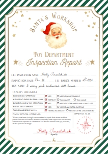 SAW-GRE-24-B3730 - SANTAS WORKSHOP - GREEN - TOY INSPECTION REPORT - A4: SAW-GRE-24-B3730 - SANTAS WORKSHOP - GREEN - TOY INSPECTION REPORT