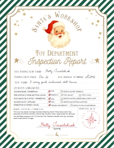 SAW-GRE-24-B3730 - SANTAS WORKSHOP - GREEN - TOY INSPECTION REPORT - 8.5" x 11": SAW-GRE-24-B3730 - SANTAS WORKSHOP - GREEN - TOY INSPECTION REPORT