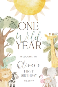 NYS-WHT-3-B3732 - NYALA SAFARI - WHITE - ONE WILD YEAR WELCOME SIGN - 24" x 36": NYS-WHT-3-B3732 - NYALA SAFARI - WHITE - ONE WILD YEAR WELCOME SIGN