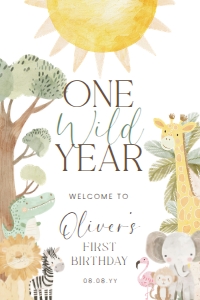 NYS-WHT-3-B3732 - NYALA SAFARI - WHITE - ONE WILD YEAR WELCOME SIGN - 20" x 30": NYS-WHT-3-B3732 - NYALA SAFARI - WHITE - ONE WILD YEAR WELCOME SIGN