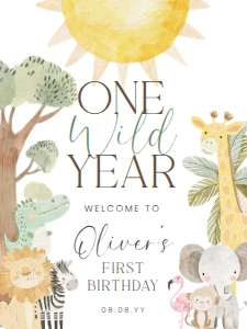 NYS-WHT-3-B3732 - NYALA SAFARI - WHITE - ONE WILD YEAR WELCOME SIGN - 18" x 24": NYS-WHT-3-B3732 - NYALA SAFARI - WHITE - ONE WILD YEAR WELCOME SIGN
