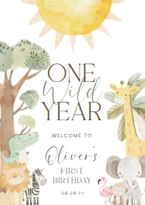 NYS-WHT-3-B3732 - NYALA SAFARI - WHITE - ONE WILD YEAR WELCOME SIGN - A1: NYS-WHT-3-B3732 - NYALA SAFARI - WHITE - ONE WILD YEAR WELCOME SIGN