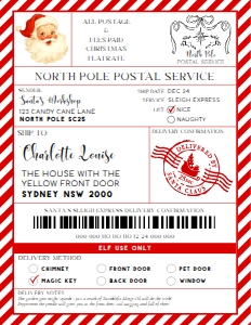 SAW-RED-6-B3735 - SANTAS WORKSHOP - RED - SHIPPING LABEL - 8.5" x 11": SAW-RED-6-B3735 - SANTAS WORKSHOP - RED - SHIPPING LABEL