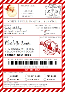 SAW-RED-6-B3735 - SANTAS WORKSHOP - RED - SHIPPING LABEL - 5" x 7": SAW-RED-6-B3735 - SANTAS WORKSHOP - RED - SHIPPING LABEL