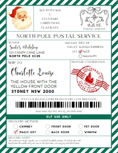 SAW-GRE-6-B3735 - SANTAS WORKSHOP - GREEN - SHIPPING LABEL - 8.5" x 11": SAW-GRE-6-B3735 - SANTAS WORKSHOP - GREEN - SHIPPING LABEL