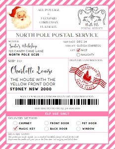 SAW-PNK-6-B3735 - SANTAS WORKSHOP - PINK - SHIPPING LABEL - 8.5" x 11": SAW-PNK-6-B3735 - SANTAS WORKSHOP - PINK - SHIPPING LABEL