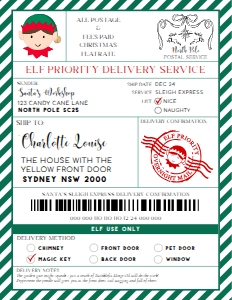 SAW-GRE-6-B3736 - SANTAS WORKSHOP - GREEN - ELF SHIPPING LABEL - 8.5" x 11": SAW-GRE-6-B3736 - SANTAS WORKSHOP - GREEN - ELF SHIPPING LABEL