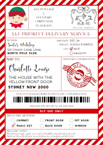 SAW-RED-6-B3736 - SANTAS WORKSHOP - RED - ELF SHIPPING LABEL - A4: SAW-RED-6-B3736 - SANTAS WORKSHOP - RED - ELF SHIPPING LABEL