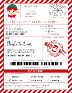 SAW-RED-6-B3736 - SANTAS WORKSHOP - RED - ELF SHIPPING LABEL - 8.5" x 11": SAW-RED-6-B3736 - SANTAS WORKSHOP - RED - ELF SHIPPING LABEL