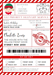 SAW-RED-6-B3736 - SANTAS WORKSHOP - RED - ELF SHIPPING LABEL - 5" x 7": SAW-RED-6-B3736 - SANTAS WORKSHOP - RED - ELF SHIPPING LABEL