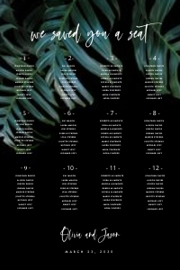 Tropical Modern Palm Leaf Seating Chart 24x36: Dark Moody Palm Leaf Seating Chart