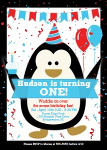 Penguin Party Invitation BLUE RED design preview