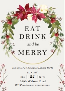 Eat Drink Be Merry Wreath Christmas Invitation: Eat Drink Be Merry Wreath Christmas Invitation