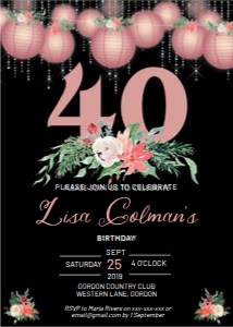 Birthday 40 Pink Flowers Lanterns design preview