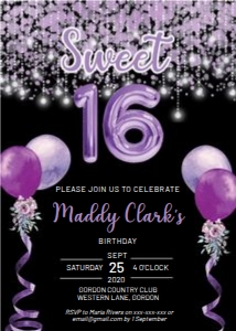 Sweet 16 Purple Foil Balloon Invitation design preview