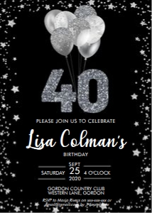 Birthday 40 Silver Glitter Balloons Invitation design preview