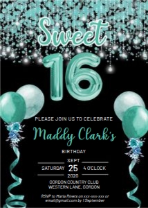 Sweet 16 Aqua Foil Balloon Invitation design preview