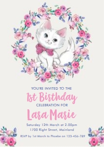 Pink Bow Kitten 1st Birthday Invitation design preview