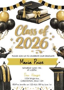 Class of 2026 Graduation Invitation, Black Gold Grad Party design preview