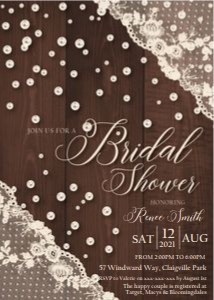Lace and Pearls Wood Bridal Shower Invitation design preview