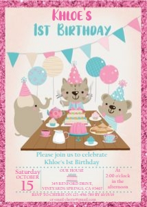 Animal Party Girl 1st Birthday Invitation design preview