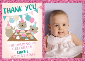 Pink Animal Party Photo Thank You Card design preview